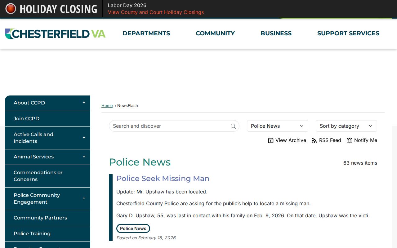 Chesterfield County crime news record source at the CCPD Police News archive
