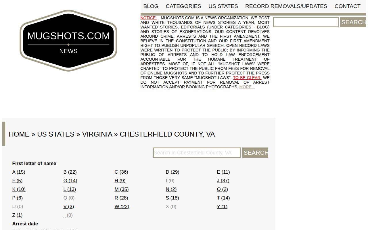 Chesterfield County historical mugshot record source in a secondary local section