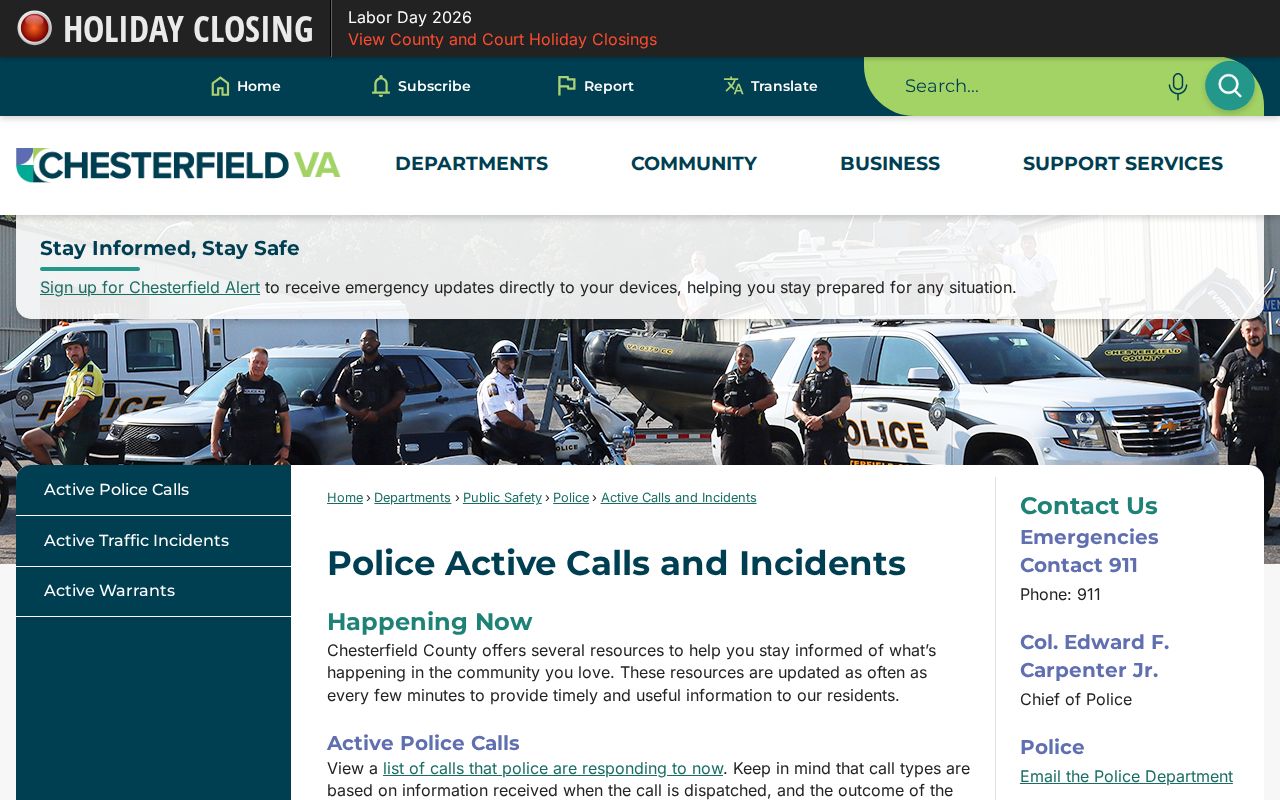 Chesterfield County active calls and incidents interface