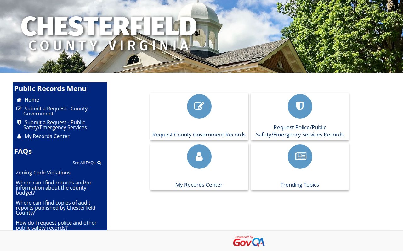 Chesterfield County booking record Public Records Center interface