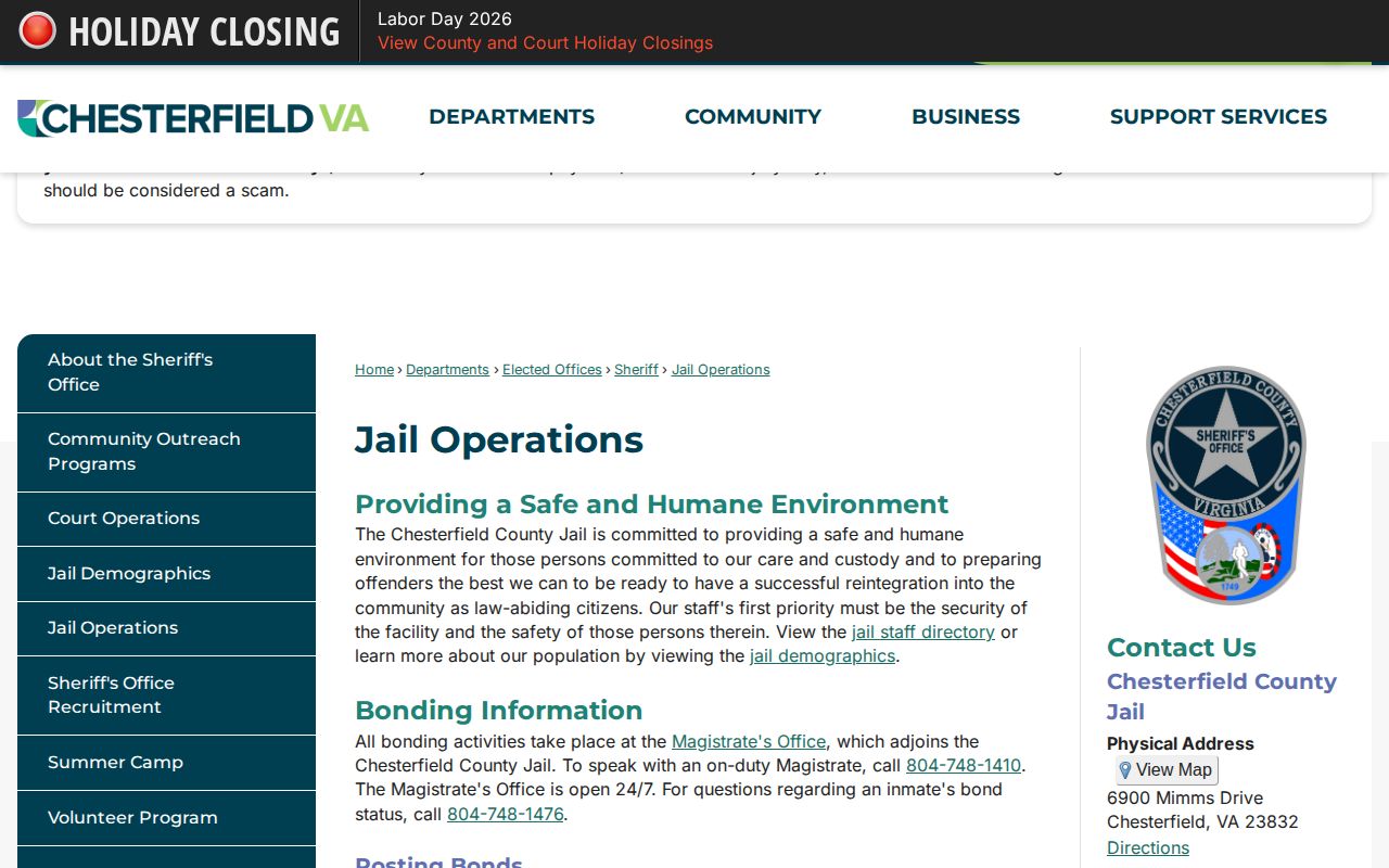 Chesterfield County Jail Operations custody information page