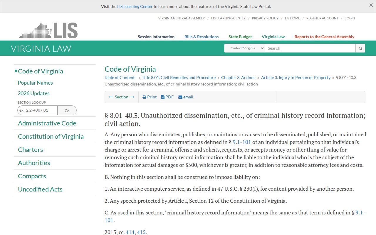 Virginia law page for Chesterfield County mugshot removal context
